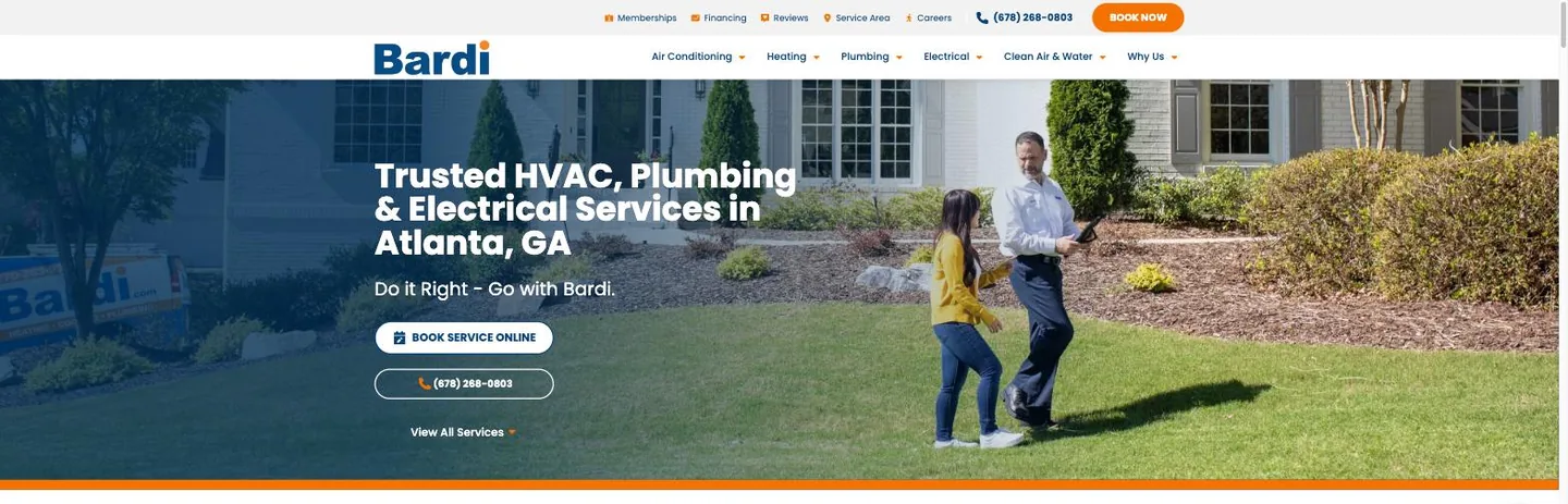 Homepage hero of Bardi showing a technician talking with a homeowner and child on a lawn, the headline Trusted HVAC Plumbing and Electrical Services in Atlanta GA, and Book Service Online and phone number buttons.