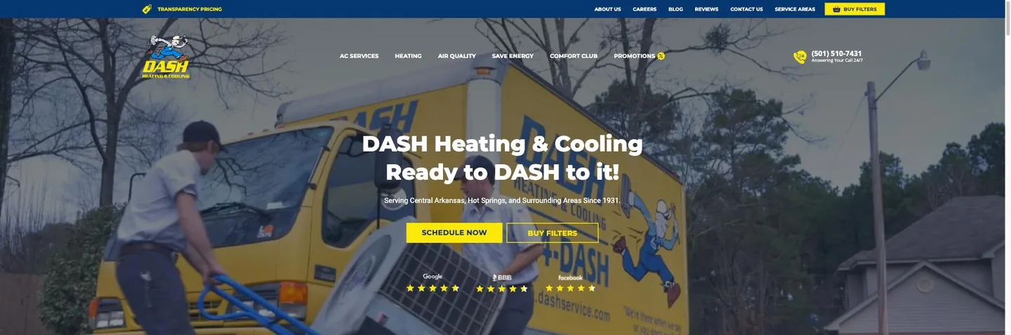 Homepage hero of Dash Heating & Cooling showing technicians unloading a yellow branded box truck, the headline Ready to DASH to it, Schedule Now and Buy Filters buttons, and Google, BBB and Facebook star ratings.