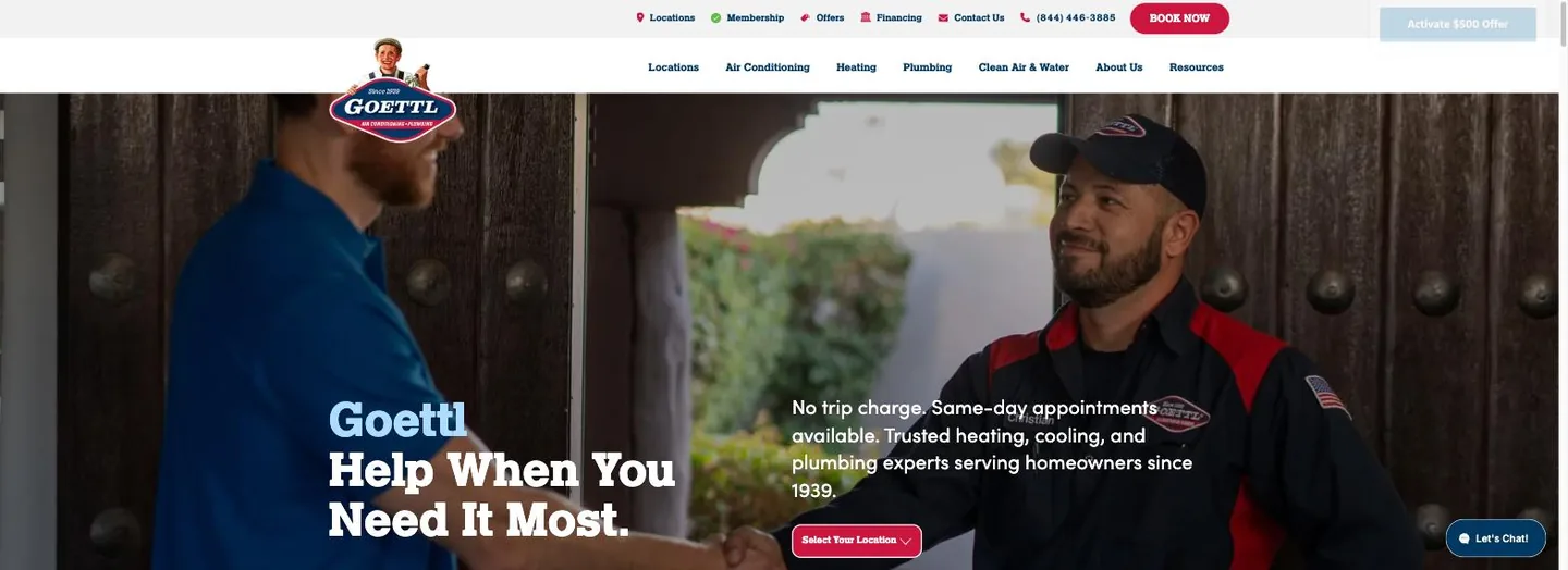 Homepage hero of Goettl showing a uniformed technician greeting a homeowner at a front door, the headline Help When You Need It Most, copy reading no trip charge and same-day appointments available since 1939, and a Select Your Location button.