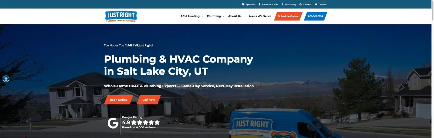 Homepage hero of Just Right Plumbing Heating Cooling with the headline Plumbing and HVAC Company in Salt Lake City UT, Book Online and Call Now buttons, and a Google rating block showing 4.9 stars from 4,000 reviews.