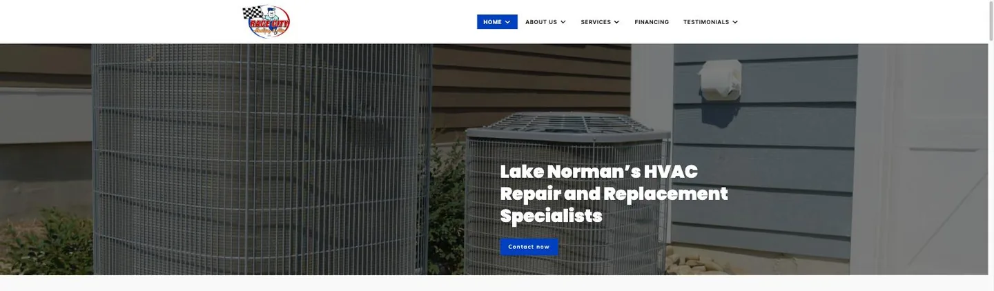 Homepage hero of Race City Heating and Air showing an outdoor AC condenser beside a house, the headline Lake Norman's HVAC Repair and Replacement Specialists, and a blue Contact now button.