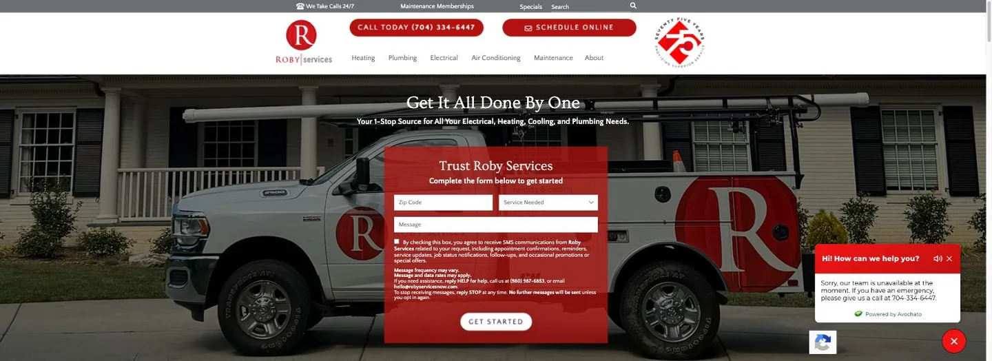 Homepage hero of Roby Services showing a white branded service truck in front of a home, the headline Get It All Done By One, a red quote form asking for zip code and service needed, and Call Today and Schedule Online buttons in the header.