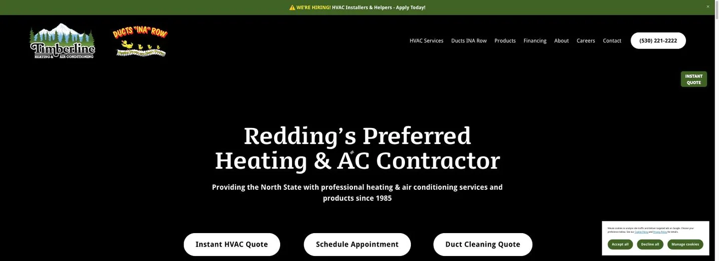 Homepage hero of Timberline Heating and Air Conditioning on a black background with the headline Redding's Preferred Heating and AC Contractor, a since 1985 line, and three buttons reading Instant HVAC Quote, Schedule Appointment and Duct Cleaning Quote.