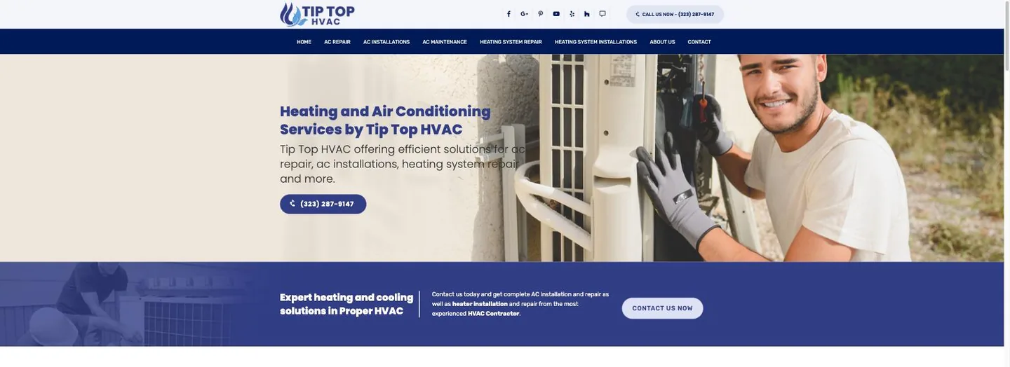 Homepage hero of Tip Top HVAC showing a smiling technician servicing an outdoor unit, the headline Heating and Air Conditioning Services by Tip Top HVAC, and a band beneath reading Expert heating and cooling solutions in Proper HVAC.