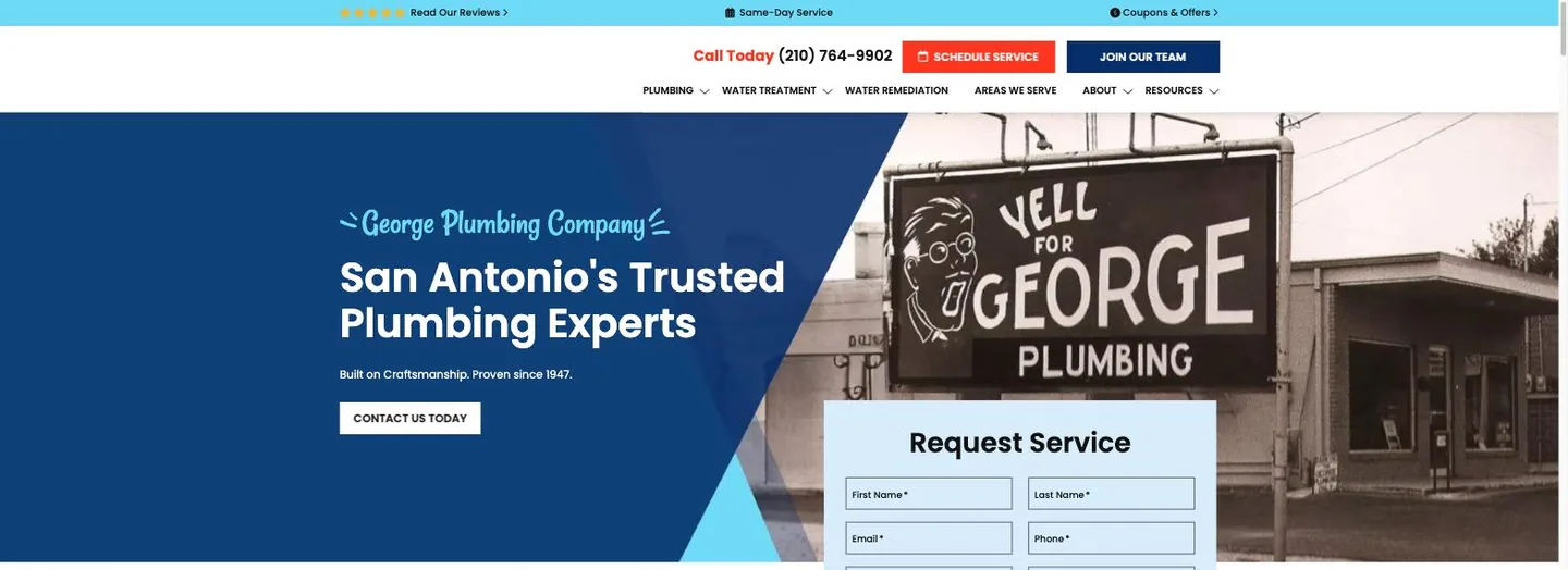 Homepage hero of George Plumbing Company showing a vintage photograph of the original Yell For George Plumbing sign, the headline San Antonio's Trusted Plumbing Experts, a Request Service form, and Call Today and Schedule Service buttons in the header.