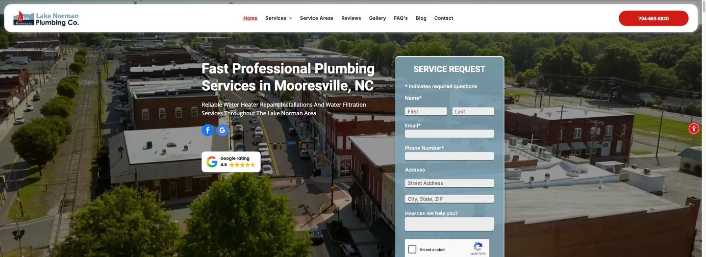 Homepage hero of Lake Norman Plumbing Co. showing an aerial photo of downtown Mooresville, the headline Fast Professional Plumbing Services in Mooresville NC, a Google rating badge showing 4.5 stars, and a Service Request form.