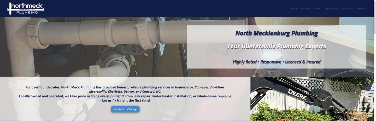 Homepage hero of North Mecklenburg Plumbing showing a photo of exposed plumbing pipework, the headline North Mecklenburg Plumbing, Your Huntersville Plumbing Experts, and body copy naming Huntersville, Cornelius, Davidson, Mooresville, Charlotte, Denver and Concord NC.