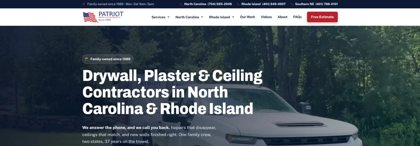 Patriot Drywall & Plastering website, designed and built by Mooresville Marketing